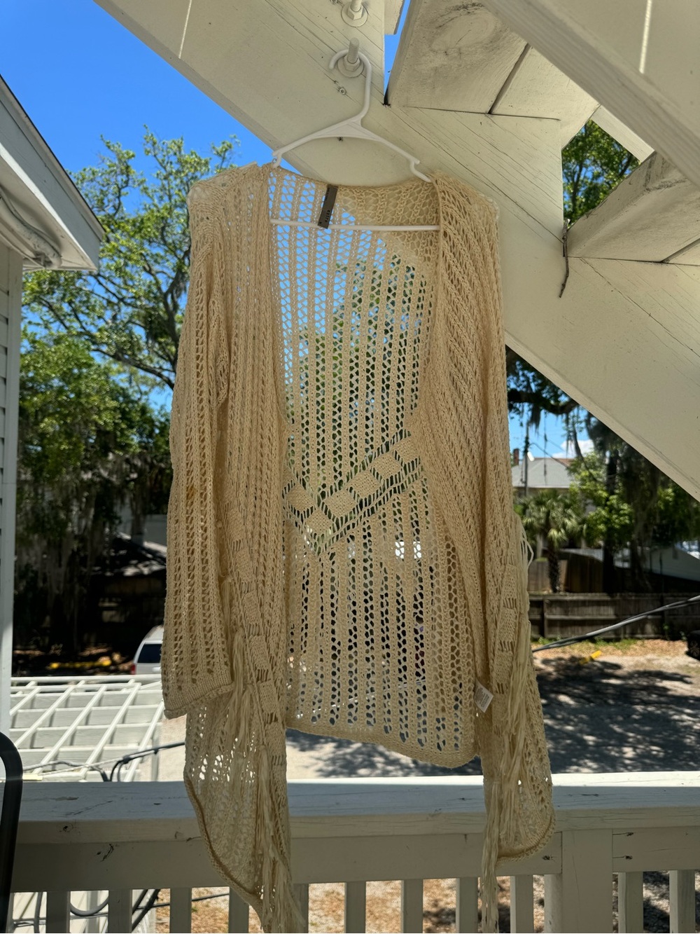 entro Open-Knit Cream Fringe Cardigan